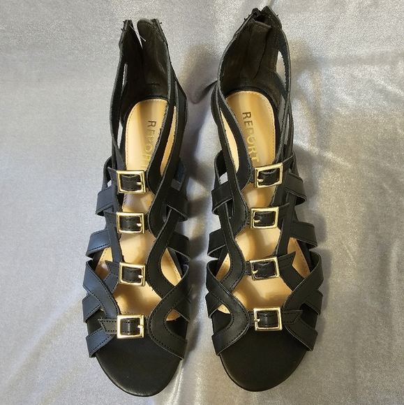 Report Shoes - Report Annalise Black Buckle Wedge Gladiator Sandals Shoes Women's 9 NIB